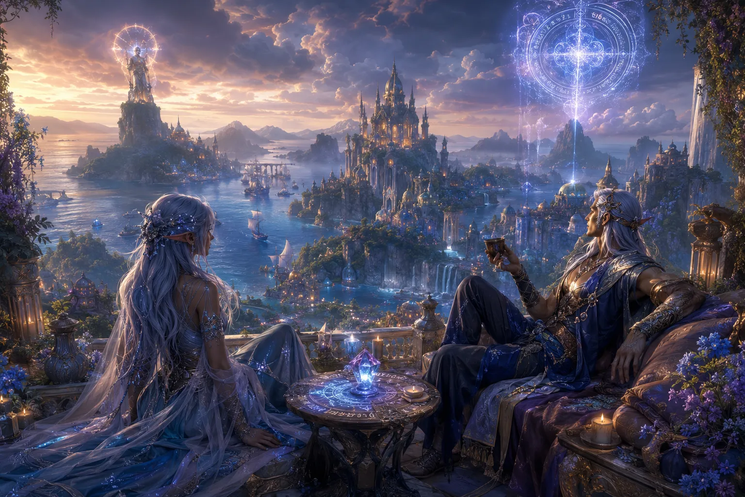 La ciudad luminosa y el puerto de Aelindor, vistos desde una terraza