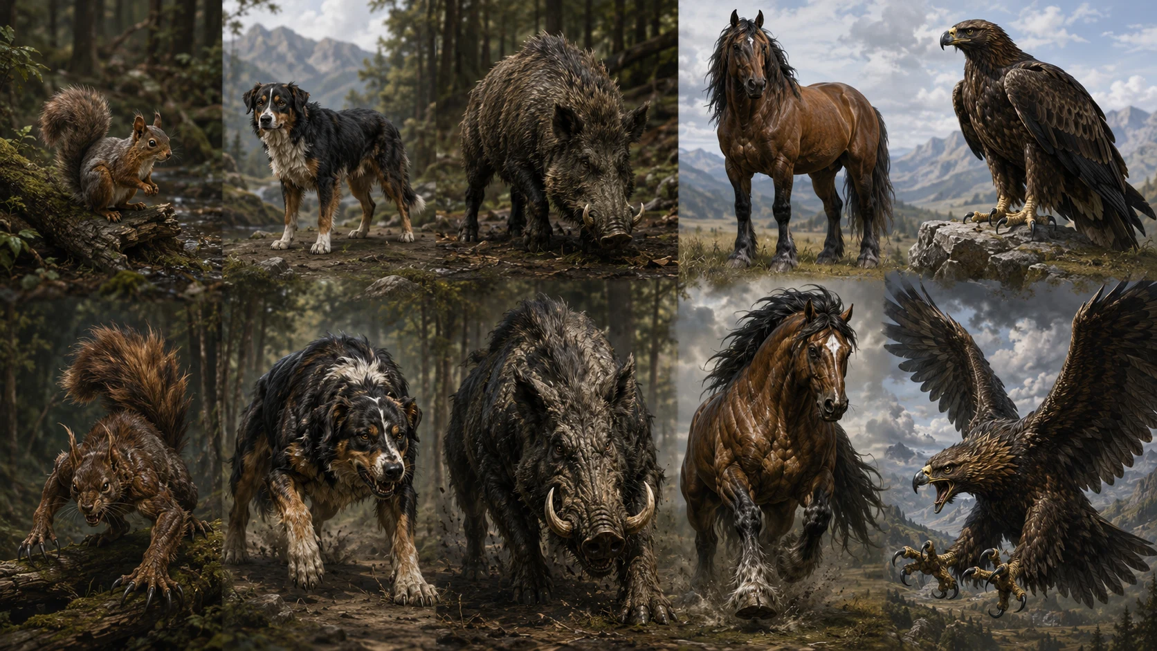 Six confirmed Amechroi host species shown unrevealed above and in the Revealed State below: squirrel, dog, boar, horse, and golden eagle