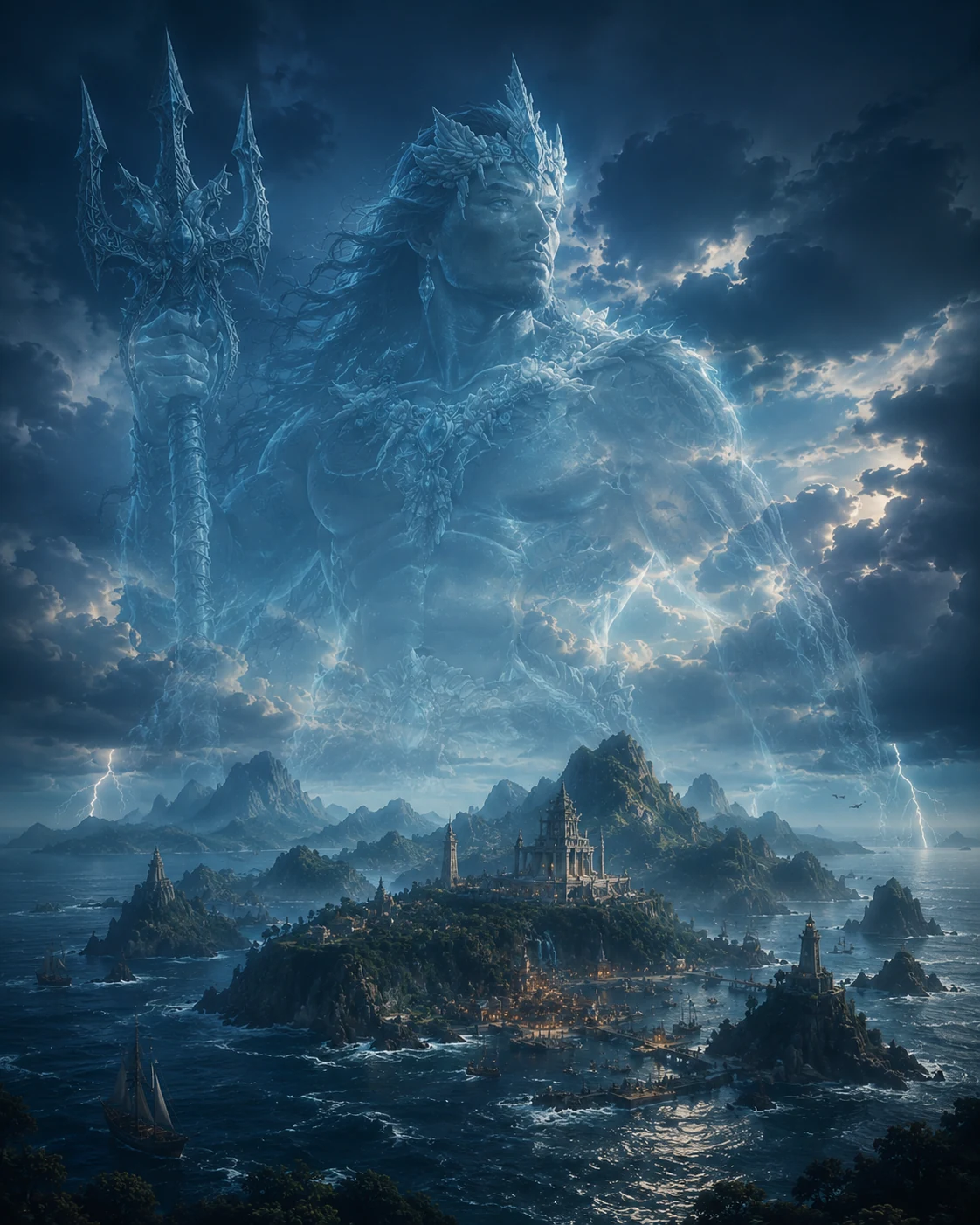 A vast luminous figure rising beyond a storm-washed island city