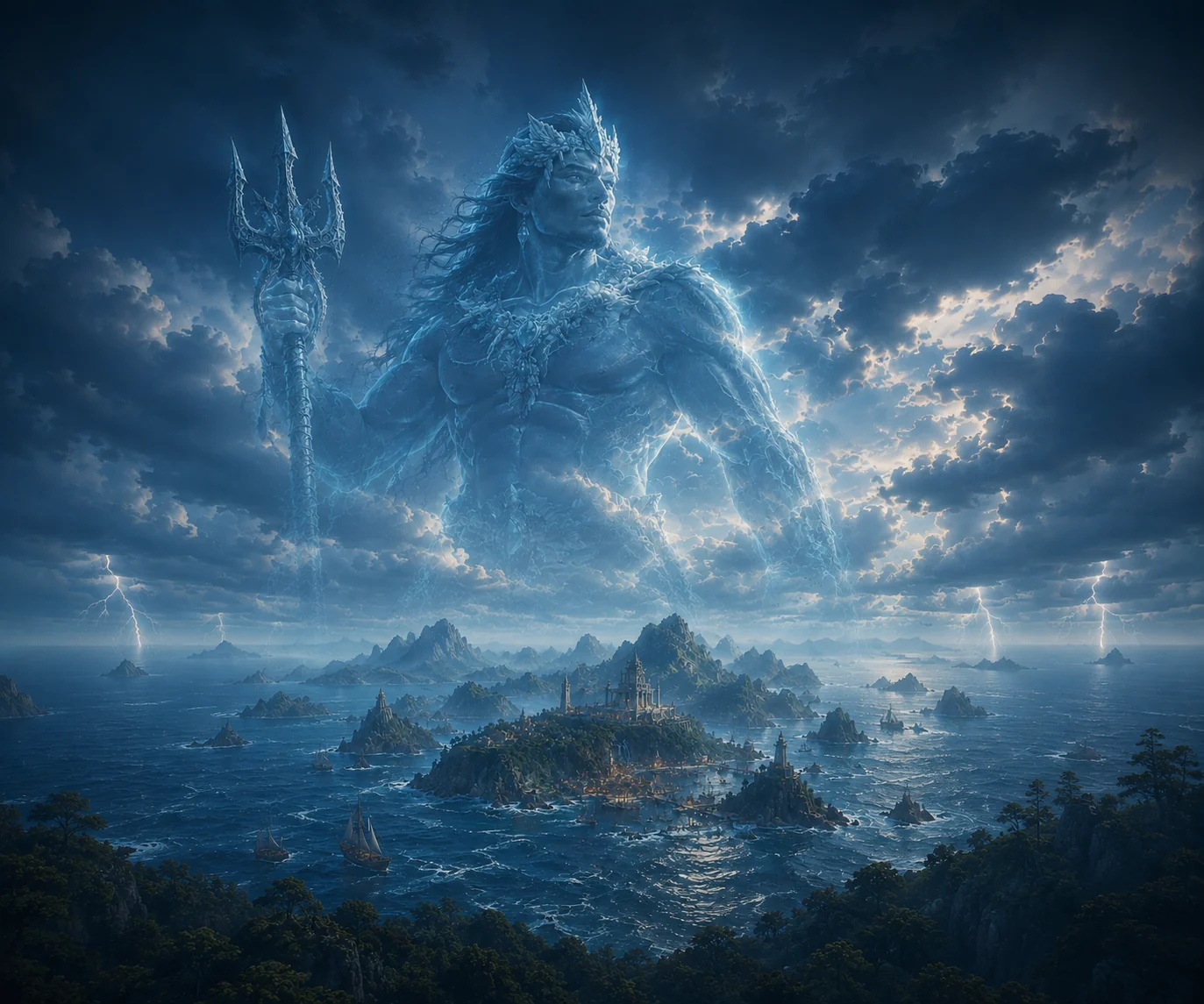 Morgdhav alzándose entre nubes de tormenta sobre las islas del Archipiélago de Morgdhav