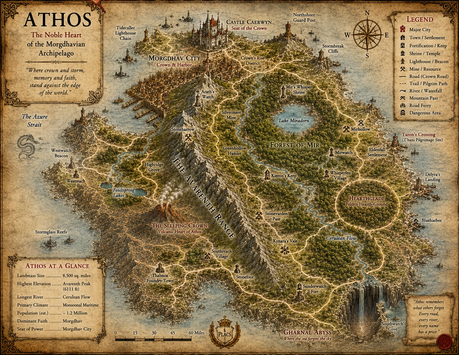 An illustrated regional gazetteer spread for Athos
