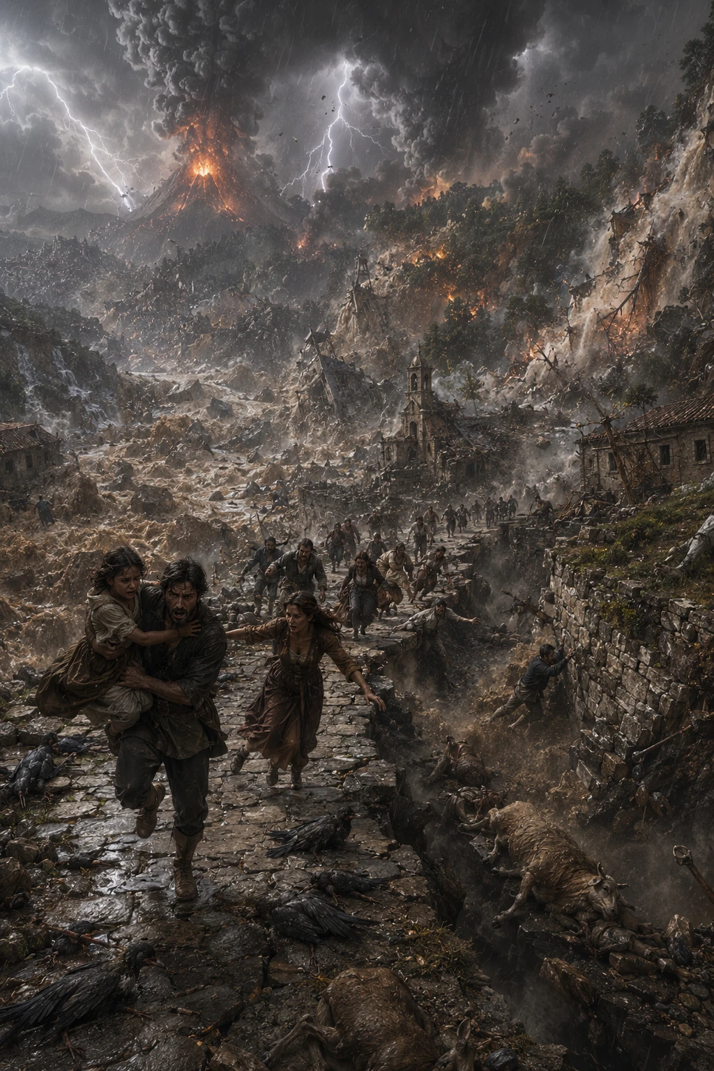A family flees a shattered inland settlement beneath erupting volcanoes, lightning, and collapsing mountains during the Cataclysm