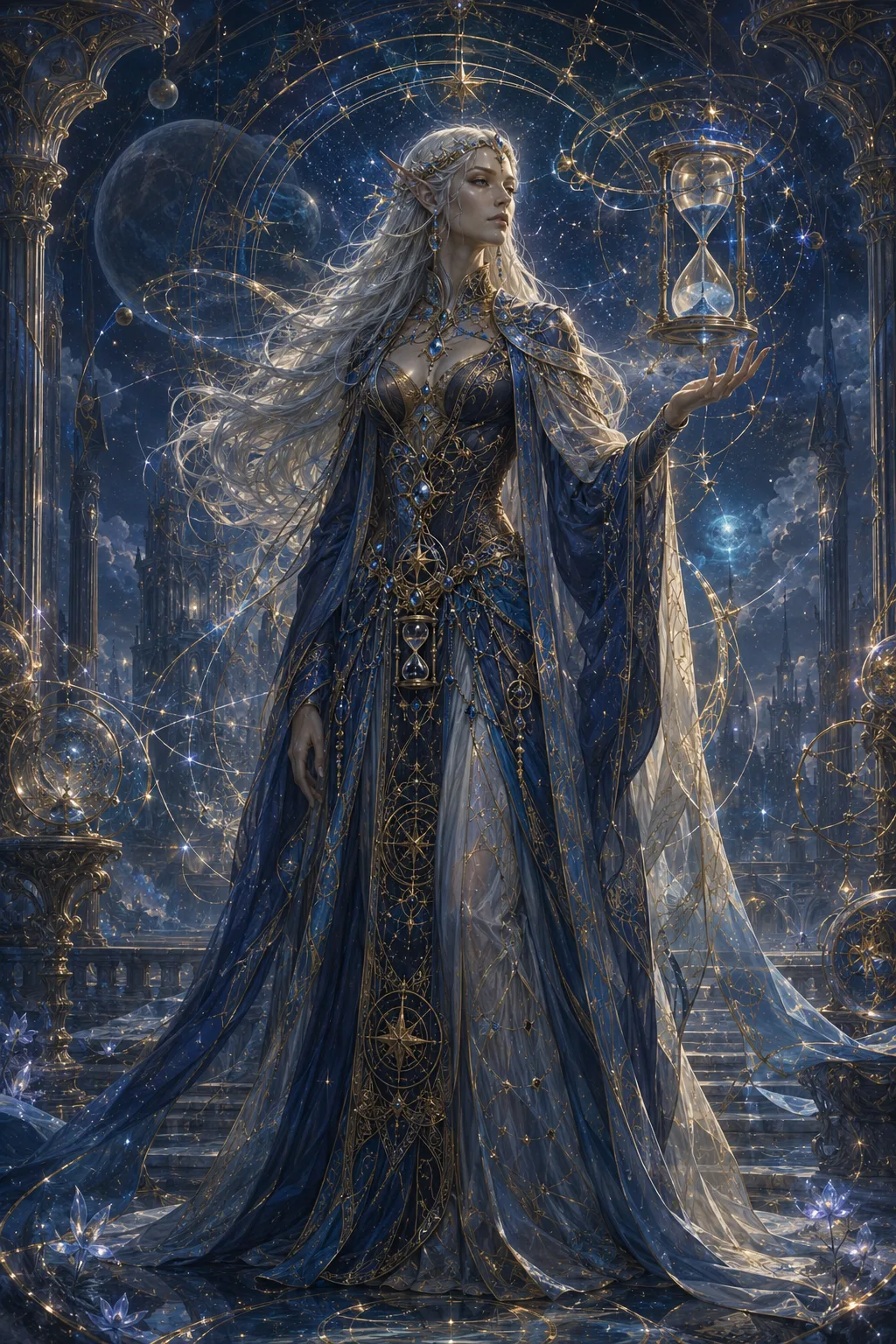Enannaria holding an hourglass amid the stars of the Aerisathyn cosmology