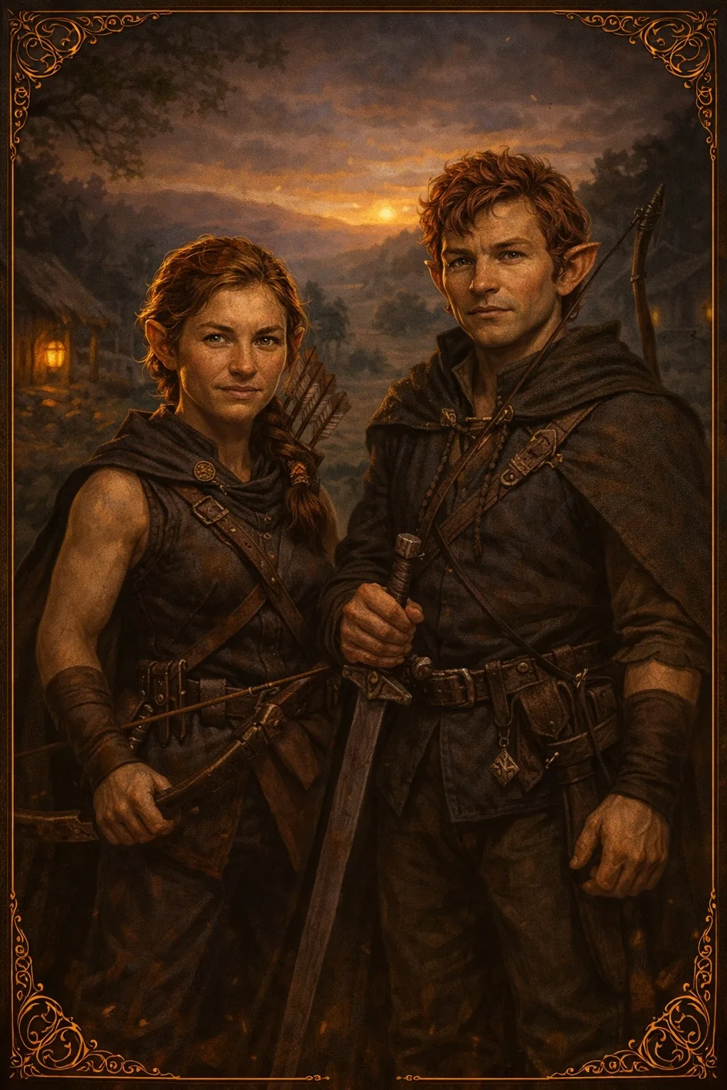 A Felden pair, small-statured and dressed for practical work, standing near a hearthlit path at dusk