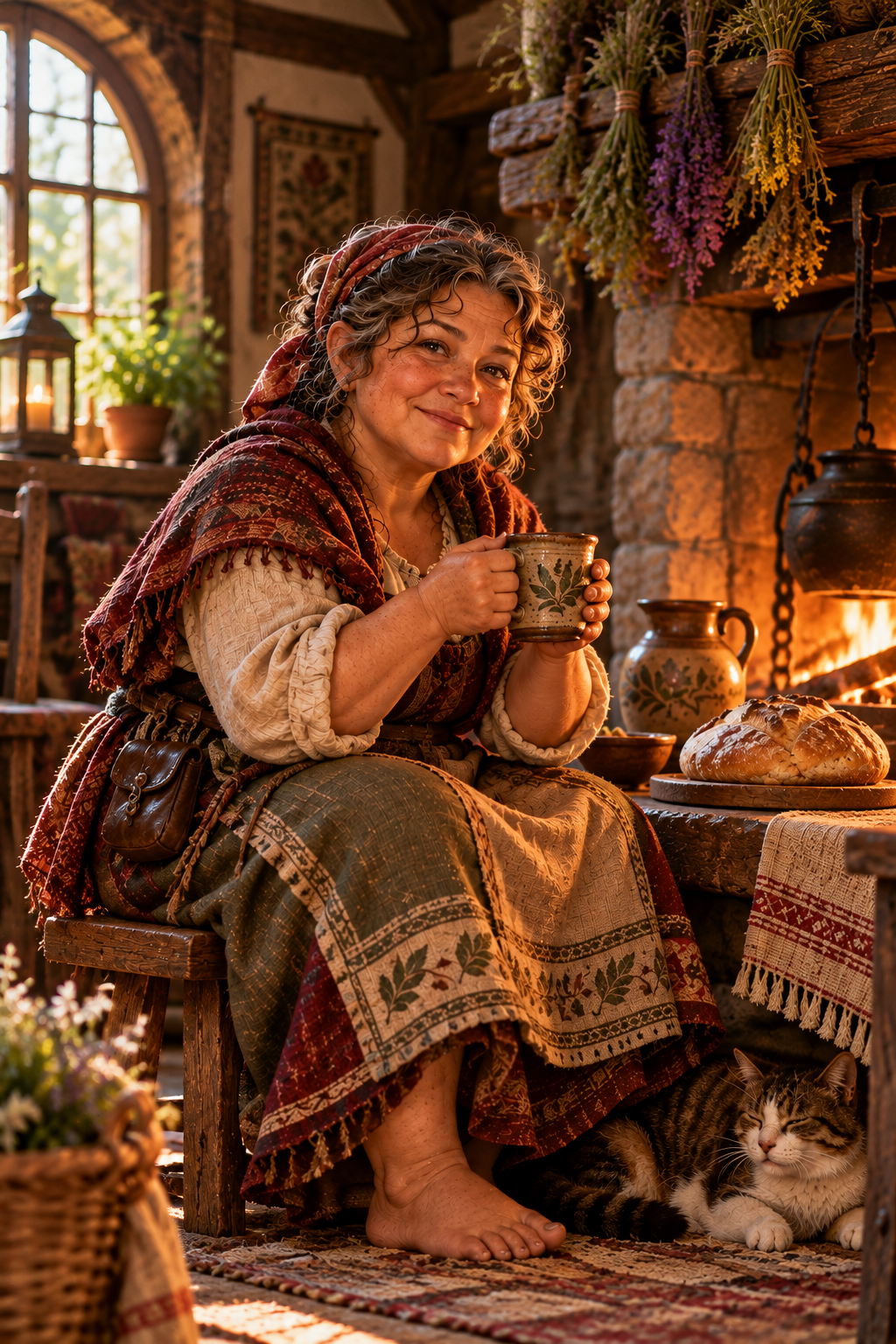 Feyndra smiling beside a warm hearth, holding a cup, with bread and a resting cat nearby