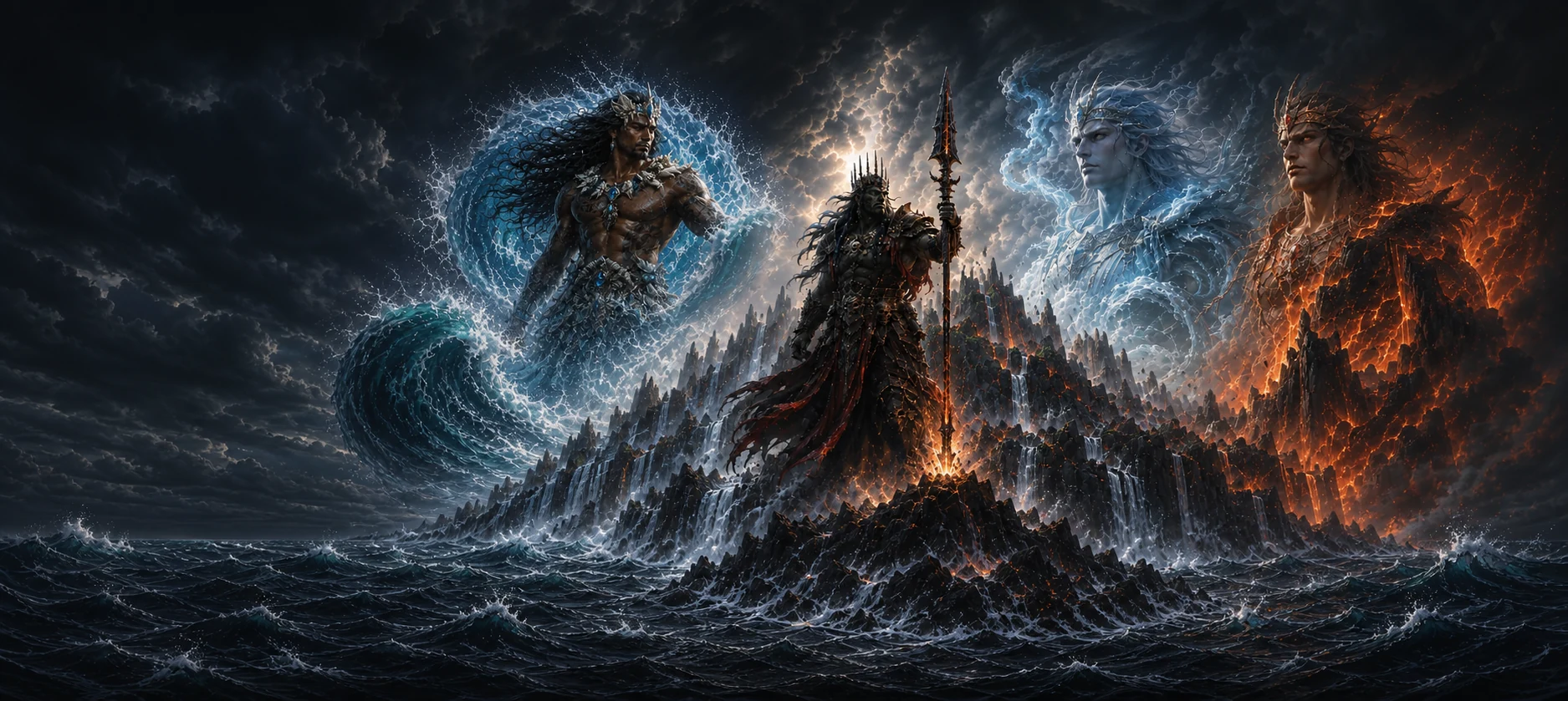 Kharvulok raises Gharnakthul between the powers of water, air, and fire