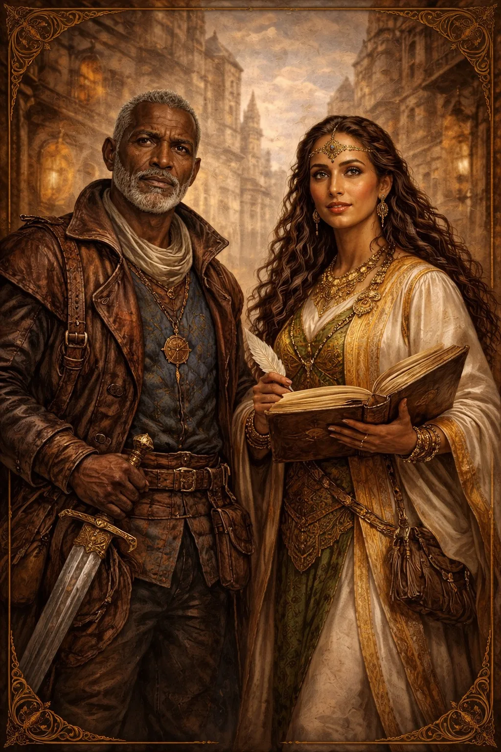 A human pair — an older traveler bearing a sword and a scholar holding an open book and quill — representative of one regional human pairing among countless others
