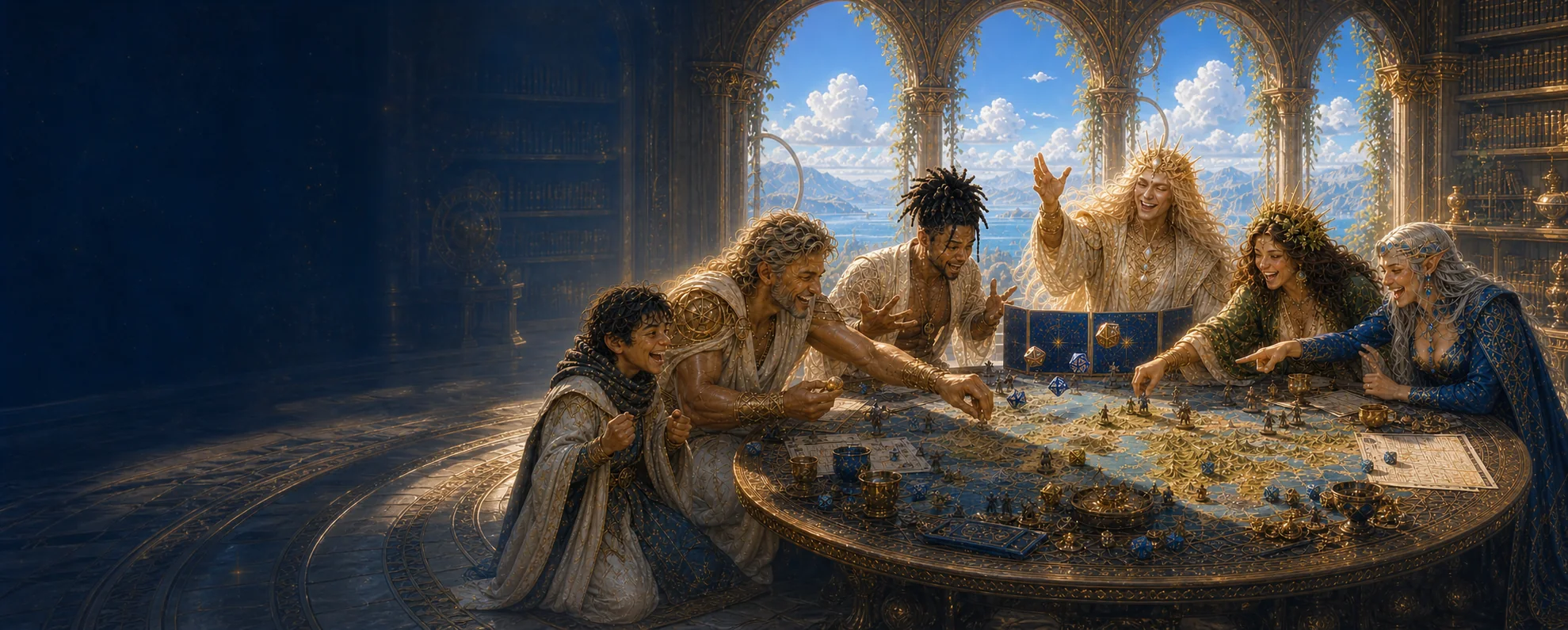 Companions gathered around a game table in the sunlit halls of Khassid