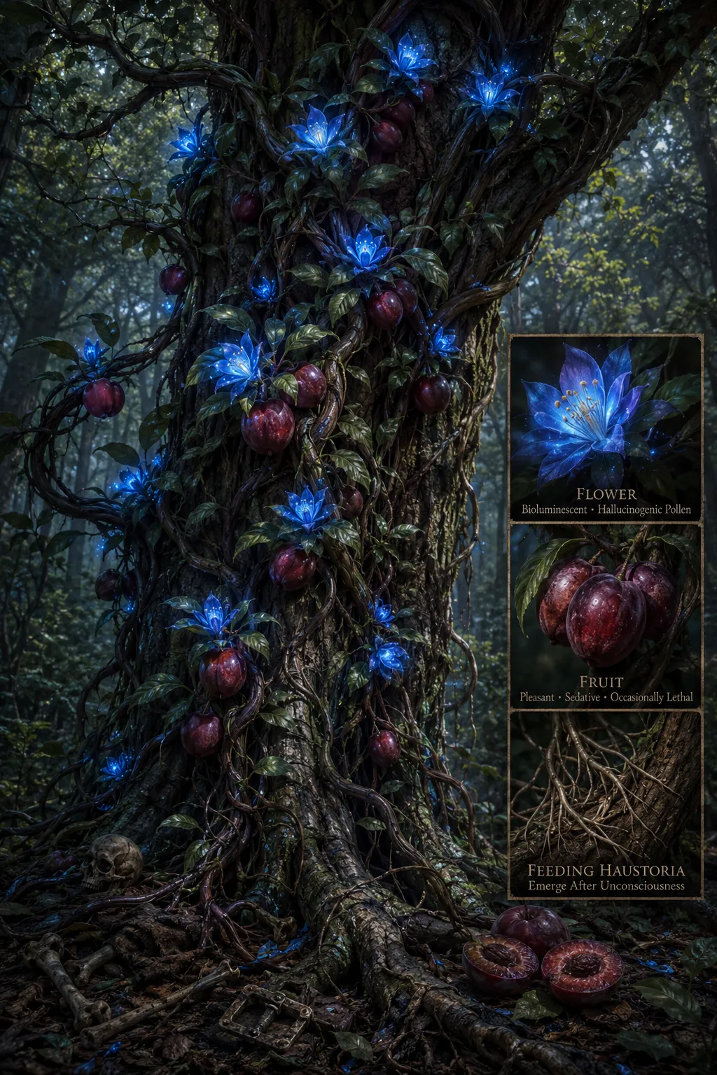 A Sweetgrave Vine in full bloom, its bioluminescent blue flowers and dark fruit climbing a mature host tree, with detail insets of the flower, fruit, and feeding haustoria